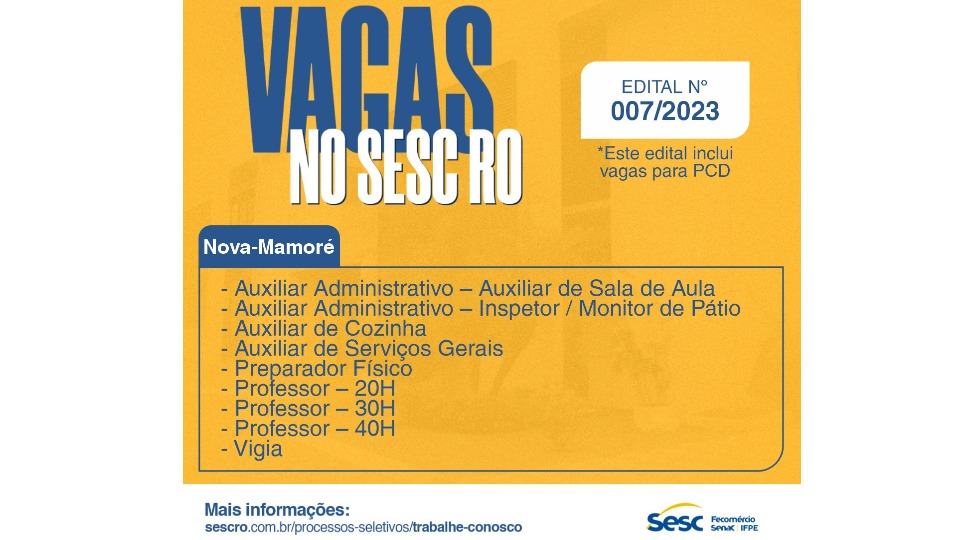 Sesc RO abre inscrição para processo seletivo por prazo determinado 
