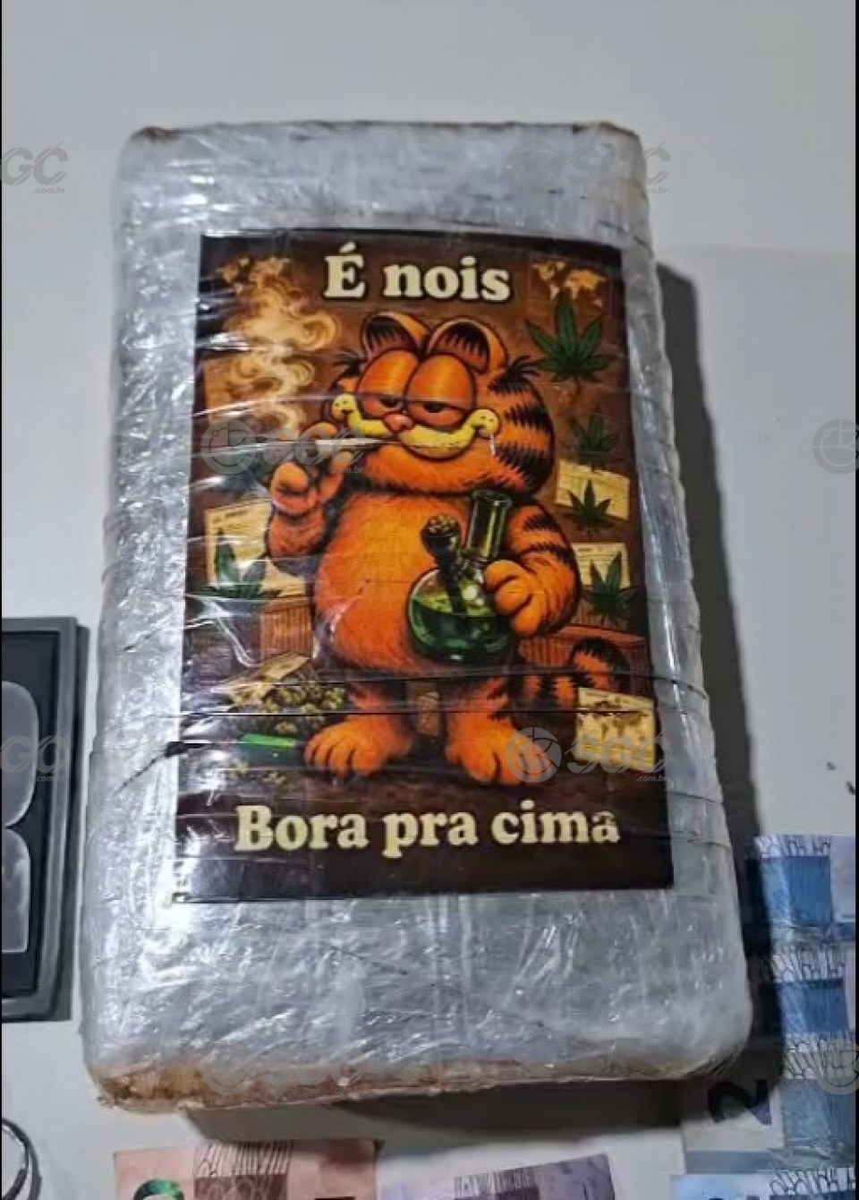 Um detalhe que chamou a atenção da equipe foi a presença de um banner adesivado na própria droga com a frase: “É nós, bora pra cima”.